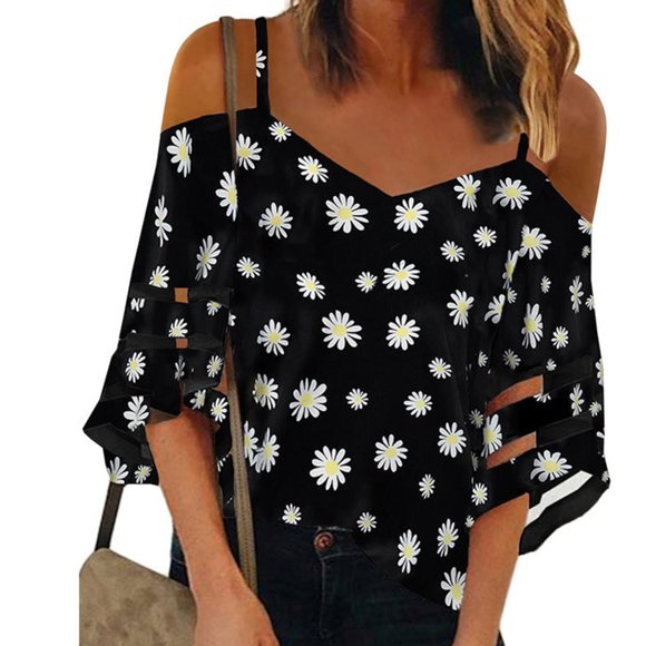 Summer Blouses Mesh Panel 3/4 Bell Sleeve Daisy Print ColdShoulder Top Plus Size - Picture 1 of 4